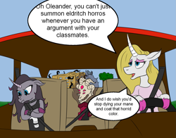 Size: 1379x1080 | Tagged: safe, artist:8aerondight8, fhtng th§ ¿nsp§kbl, oleander (tfh), oc, classical unicorn, pony, unicorn, them's fightin' herds, :t, car, cloven hooves, community related, crossed arms, driving, floppy ears, fred, horn, it's not a phase, lidded eyes, looking down, pouting, seatbelt, speech bubble, steering wheel, unicornomicon, unshorn fetlocks
