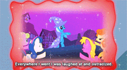 Size: 300x164 | Tagged: safe, screencap, bon bon, carrot top, golden harvest, sweetie drops, trixie, earth pony, pony, unicorn, boast busters, g4, magic duel, animated, background pony, caption, clothes, female, fleeing, humiliation, laughing, magic projection, mare, memories, pointing, poor trixie, ridicule, shunning, smoke bomb, subtitles, trixie's cape, trixie's hat, trixivision