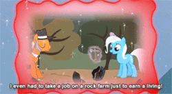 Size: 300x164 | Tagged: safe, screencap, igneous rock pie, trixie, earth pony, pony, unicorn, g4, magic duel, animated, caption, desperate, dismay, duo, female, glowing horn, hammer, hat, horn, job, levitation, magic, magic aura, male, mare, memory, pointing, rock, rock farm, slow motion, stallion, subtitles, telekinesis, trixivision, unsatisfied