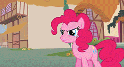 Size: 299x164 | Tagged: safe, screencap, pinkie pie, earth pony, pony, g1, g4, magic duel, angry, animated, confused, cruel and unusual punishment, cursor, disembodied mouth, female, glare, implied trixie, magic, mare, modular, no mouth, no nose, pinkie pie is not amused, raised eyebrow, raised hoof, sad, snout, trash can, unamused
