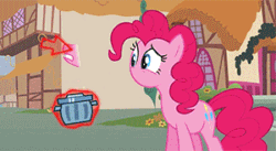 Size: 300x164 | Tagged: safe, screencap, pinkie pie, earth pony, pony, g4, magic duel, season 3, animated, cruel, cursor, deleted, disembodied mouth, female, gif, implied trixie, magic, mare, no mouth, no nose, poof, raised eyebrow, sad, solo, trash can