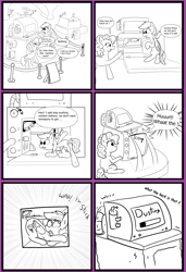 Size: 3601x5256 | Tagged: safe, artist:rusticanon, pinkie pie, rainbow dash, earth pony, pegasus, pony, comic:ponies in the modern museum, g4, butt, comic, female, machine, monochrome, plot, stuck, wrapping