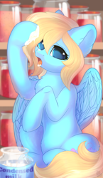 Size: 1865x3216 | Tagged: safe, artist:alphadesu, oc, oc only, oc:lusty symphony, pony, condensed milk, ear fluff, female, jar, licking, mare, sitting, solo, tongue out