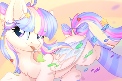 Size: 3000x2000 | Tagged: safe, artist:alphadesu, oc, oc only, pegasus, pony, abstract background, bow, brush, chest fluff, clothes, colored wings, cute, female, gradient wings, hair bow, heart, high res, mare, mouth hold, ocbetes, socks, solo, stars, striped socks, tail bow, wings