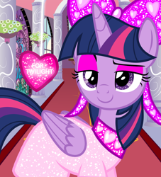 Size: 1000x1100 | Tagged: safe, artist:php185, artist:sketchmcreations, edit, editor:php185, twilight sparkle, alicorn, pony, g4, canterlot castle, clothes, dress, female, glowing, heart, hearts and hooves day, holiday, solo, sparkles, twilight sparkle (alicorn), valentine's day