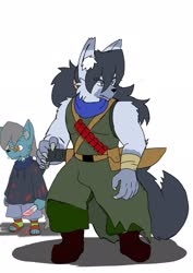 Size: 1451x2048 | Tagged: safe, alternate version, artist:omegapony16, oc, oc only, oc:oriponi, wolf, anthro, plantigrade anthro, bandage, blood, boots, clothes, duo, ear fluff, ear piercing, earring, feather, furry, furry oc, hoodie, jewelry, knife, male, mouth hold, pants, piercing, sandals, shoes, simple background, smiling, solo, species swap, sword, weapon, white background