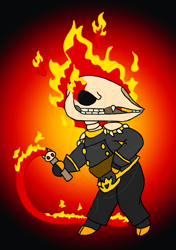 Size: 569x806 | Tagged: safe, artist:chili19, oc, oc only, skeleton pony, anthro, unguligrade anthro, bone, clothes, fire, gradient background, skeleton, solo, whip
