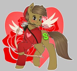 Size: 1200x1110 | Tagged: safe, artist:almond evergrow, oc, oc only, oc:almond evergrow, earth pony, pony, arrow, birthday, blushing, bow (weapon), bow and arrow, clothes, cupid, flower, happy birthday, happy birthday to me, heart, heart arrow, holiday, hoodie, male, rose, stallion, valentine, valentine's day, weapon, wings