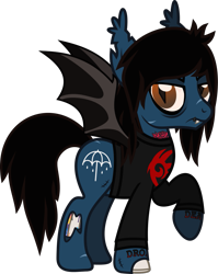 Size: 781x981 | Tagged: safe, artist:lightningbolt, derpibooru exclusive, bat pony, pony, undead, zombie, zombie pony, g4, .svg available, angry, bags under eyes, bat ponified, bat wings, bloodshot eyes, bone, bring me the horizon, clothes, ear fluff, fangs, lip piercing, long sleeves, male, oliver sykes, piercing, ponified, race swap, raised hoof, scar, shadow the hedgehog, shirt, show accurate, simple background, slit pupils, solo, sonic the hedgehog, sonic the hedgehog (series), stallion, standing, stitches, svg, tattoo, torn ear, transparent background, vector, wings