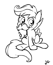 Size: 618x758 | Tagged: safe, artist:lucas_gaxiola, scootaloo, pegasus, pony, g4, fake moustache, female, filly, lineart, monochrome, raised hoof, signature, sitting, solo