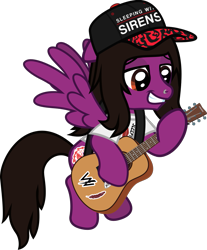Size: 877x1061 | Tagged: safe, artist:lightningbolt, derpibooru exclusive, pegasus, pony, g4, .svg available, acoustic guitar, cap, clothes, flying, guitar, guitar pick, guitar strap, hat, hoof hold, male, musical instrument, nose piercing, pierce the veil, piercing, ponified, shirt, show accurate, simple background, sleeping with sirens, smiling, smirk, solo, spread wings, stallion, sticker, svg, t-shirt, transparent background, vector, vic fuentes, wings