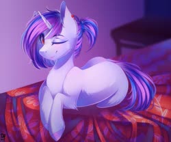 Size: 979x816 | Tagged: safe, artist:bambudess, oc, oc only, oc:purpleflare, pony, unicorn, bed, bedroom, commission, ear piercing, earring, femboy, jewelry, looking at you, lying down, male, one eye closed, piercing, solo, wink