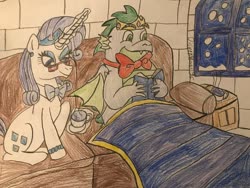 Size: 1280x960 | Tagged: safe, artist:disneymarvel96, rarity, spike, dragon, g4, book, bowtie, couch, cup, female, glasses, male, older, older spike, reading, ship:sparity, shipping, straight, teacup, traditional art, winged spike, wings