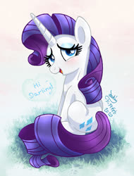 Size: 910x1200 | Tagged: safe, artist:joakaha, rarity, pony, unicorn, g4, blushing, dialogue, female, holiday, looking at you, mare, open mouth, sitting, solo, talking to viewer, valentine's day