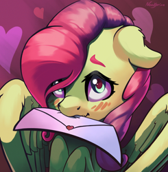 Size: 2482x2529 | Tagged: safe, artist:nookprint, fluttershy, pegasus, pony, g4, blushing, bust, cute, ear fluff, envelope, female, floppy ears, heart, high res, holiday, hooves to the chest, letter, looking up, mare, mouth hold, shyabetes, solo, spread wings, stray strand, three quarter view, valentine's day, wings