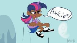 Size: 800x450 | Tagged: safe, artist:mirabuncupcakes15, twilight sparkle, human, g4, the ticket master, clothes, crossed arms, cute, dark skin, female, flats, horn, horned humanization, humanized, implied pinkie pie, mary janes, open mouth, plaid skirt, scene interpretation, shirt, shoes, skirt, socks, solo, speech bubble, twilight is my bestest friend, twilight sparkle is not amused, unamused, vest