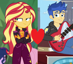 Size: 1064x938 | Tagged: safe, edit, edited screencap, screencap, flash sentry, sunset shimmer, best trends forever, equestria girls, equestria girls series, g4, sunset's backstage pass!, spoiler:eqg series (season 2), female, male, ship:flashimmer, shipping, shipping domino, straight