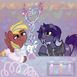 Size: 2100x2100 | Tagged: safe, artist:sjart117, oc, oc only, oc:blissful eve, oc:gamma kepler, pegasus, pony, unicorn, beaker, clothes, duo, goggles, heart, hearts and hooves day, high res, holiday, hoodie, jacket, lab coat, laboratory, oc x oc, offspring, parent:oc:dust rock, parent:oc:nyx, parents:oc x oc, potion, potions, science, shipping, smiling, special somepony, test tube, valentine's day