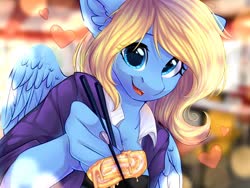 Size: 1280x960 | Tagged: safe, artist:alphadesu, oc, oc only, oc:lusty symphony, pegasus, anthro, anthro oc, chopsticks, clothes, ear fluff, floating, food, looking at you, open mouth, smiling, solo, wings