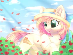 Size: 1280x960 | Tagged: safe, artist:alphadesu, oc, oc only, pony, bow, cloud, crepuscular rays, ear fluff, female, flower, hair bow, happy, hat, looking back, mare, sky, smiling, solo