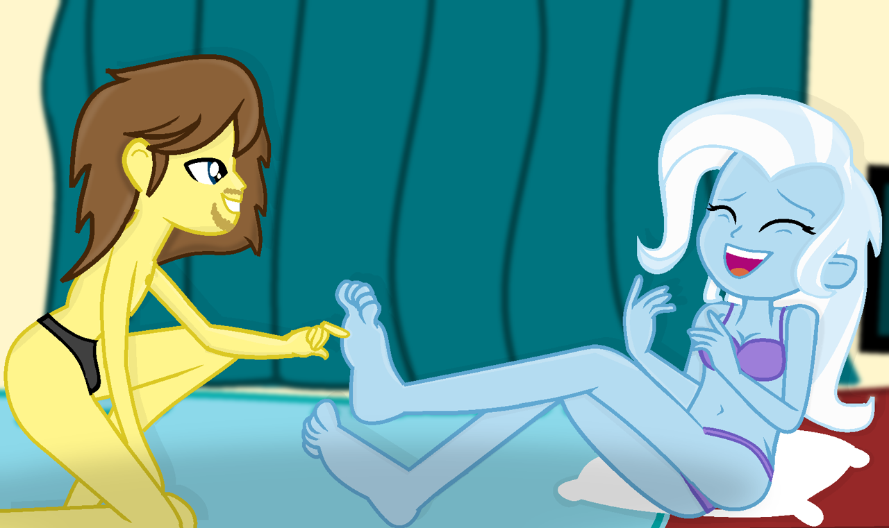 2273508 - suggestive, artist:grapefruitface1, trixie, oc, oc:grapefruit  face, oc:virgin trash of 40 old years, equestria girls, g4, barefoot,  bedroom, breasts, canon x oc, clothes, feet, female, fetish, laughing,  male, purple underwear, ship:grapexie,