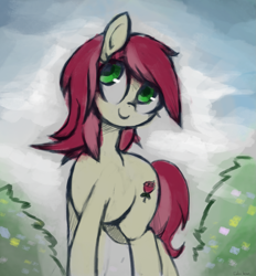 Size: 1649x1775 | Tagged: safe, artist:colochenni, roseluck, earth pony, pony, g4, bush, drawthread, female, looking up, mare, smiling, solo