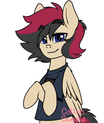 Size: 1100x1300 | Tagged: safe, artist:cottonsweets, oc, oc only, oc:porsche speedwings, pegasus, pony, bipedal, blue eyes, clothes, colored, crossed hooves, eyebrows, eyebrows visible through hair, fear inoculum, flat colors, half body, lidded eyes, looking at you, male, pegasus oc, shirt, signature, simple background, smiling, solo, stallion, t shirt design, t-shirt, tan coat, tool (band), transparent background, waist up, watermark