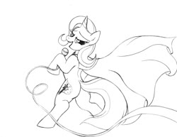 Size: 1004x774 | Tagged: safe, artist:blazelupine, trixie, pony, unicorn, g4, bipedal, butt, cape, clothes, cutie mark, female, hoof hold, lineart, looking at you, microphone, monochrome, plot, simple background, singing, solo, traditional art, white background, wind