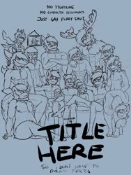 Size: 1200x1600 | Tagged: safe, artist:arrwulf, oc, oc only, bear, big cat, bird, changeling, coyote, dragon, earth pony, hedgehog, leopard, moose, pony, shark, snake, snow leopard, wolf, anthro, plantigrade anthro, abs, anthro with ponies, armpit hair, armpits, changeling oc, clothes, couch, crossed arms, dragon oc, earth pony oc, flying, glasses, grin, group, lineart, male, monochrome, muscles, nudity, partial nudity, sitting, sketch, smiling, stallion, topless