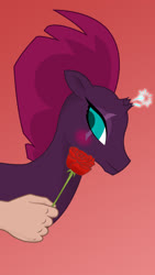 Size: 1273x2264 | Tagged: safe, artist:magicalicorn, tempest shadow, pony, unicorn, g4, blushing, broken horn, bust, eye scar, female, fireworks, flower, hand, hearts and hooves day, horn, mare, offscreen character, rose, scar, sparking horn