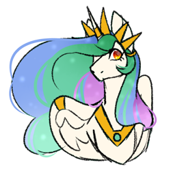 Size: 1280x1280 | Tagged: safe, artist:gnomehuts, princess celestia, alicorn, pony, g4, alternate design, alternate eye color, crown, female, horn, horn ring, jewelry, mare, peytral, regalia, simple background, sketch, solo, white background