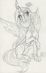 Size: 2222x3500 | Tagged: safe, artist:airfly-pony, queen chrysalis, changeling, changeling queen, g4, cute, cutealis, female, heart, high res, sitting, solo, traditional art