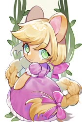Size: 692x1024 | Tagged: safe, artist:puzi, applejack, earth pony, pony, semi-anthro, g4, arm hooves, beautiful, blonde, bow, braid, clothes, cosplay, costume, crossover, cute, dress, female, hair bow, hatless, jackabetes, long mane, looking at you, mare, missing accessory, no pupils, princess, puffy sleeves, rapunzel, solo, vine