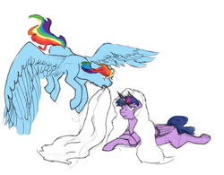 Size: 1280x1000 | Tagged: safe, artist:art-and-a-half, rainbow dash, twilight sparkle, alicorn, pegasus, pony, g4, blanket, female, flying, lesbian, looking at each other, mare, nesting instinct, ship:twidash, shipping, simple background, sketch, twilight sparkle (alicorn), white background