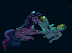 Size: 1280x935 | Tagged: safe, artist:art-and-a-half, rainbow dash, twilight sparkle, alicorn, pegasus, pony, g4, butt, dark background, eyes closed, female, holding hooves, lesbian, lying down, mare, nuzzling, plot, prone, ship:twidash, shipping, simple background, sketch, smiling, twilight sparkle (alicorn)