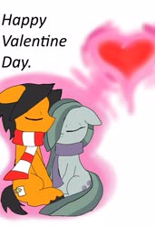 Size: 2575x3754 | Tagged: safe, artist:a.s.e, marble pie, oc, oc:a.s.e, pony, g4, canon x oc, clothes, couple, duo, female, heart, hearts and hooves day, high res, holiday, male, mare, scarf, shipping, stallion, together, valentine, valentine's day