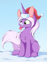 Size: 960x1280 | Tagged: safe, artist:wolfypon, oc, oc only, pony, unicorn, christmas, cute, hat, holiday, ocbetes, santa hat, snow, solo, tongue out, winter