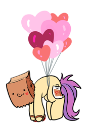 Size: 642x900 | Tagged: safe, artist:paperbagpony, oc, oc:paper bag, pony, balloon, fake cutie mark, female, floating, heart balloon, holiday, hoofsies, mare, paper bag, simple background, then watch her balloons lift her up to the sky, valentine's day, white background