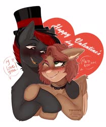 Size: 1814x2160 | Tagged: safe, artist:twisoft, oc, oc only, oc:qwerrtit, oc:varan, earth pony, pegasus, pony, blushing, choker, cute, dialogue, female, hat, heart eyes, holiday, hug, love, male, one eye closed, red and black oc, simple background, smiling, straight, valentine, valentine's day, valentine's day card, wingding eyes