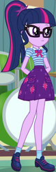 Size: 236x717 | Tagged: safe, screencap, sci-twi, twilight sparkle, equestria girls, equestria girls series, g4, overpowered (equestria girls), band room, bowtie, canterlot high, clothes, collar, cropped, cute, drums, female, geode of telekinesis, glasses, hands behind back, high school, jewelry, magical geodes, musical instrument, outfit catalog, pockets, ponytail, raised eyebrow, shirt, shoes, short sleeves, skirt, socks, solo, twiabetes