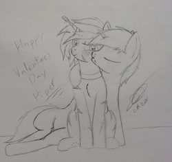 Size: 3024x2857 | Tagged: safe, artist:darthalex70, oc, oc only, oc:cradle, oc:piper, pony, unicorn, blushing, cheek kiss, collar, cork, high res, holiday, horn, horn guard, kissing, traditional art, valentine's day