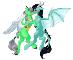 Size: 2872x2380 | Tagged: safe, artist:ohhoneybee, oc, oc only, oc:winter flaze, dracony, dragon, hybrid, pegasus, pony, female, high res, kissing, mare, simple background, transparent background