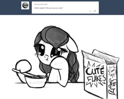 Size: 999x800 | Tagged: safe, artist:nimaru, oc, oc only, oc:winter willow, pony, ask, bowl, cereal, corn flakes, eating, female, food, mare, monochrome, solo, spoon