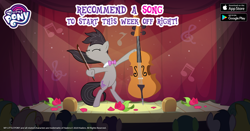 Size: 960x504 | Tagged: safe, gameloft, lemon hearts, octavia melody, twinkleshine, earth pony, pony, unicorn, g4, official, bipedal, bow (instrument), bowtie, cello, eyes closed, facebook, female, flower, mare, music notes, musical instrument, my little pony logo, rose, text, violin