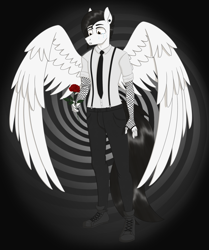 Size: 2439x2921 | Tagged: safe, artist:dyonys, oc, oc only, oc:motionless white, pegasus, anthro, boots, chris cerulli, clothes, crying, ear piercing, flower, high res, male, motionless in white, necktie, pants, piercing, ring, rose, sad, shirt, shoes, solo, standing