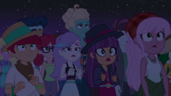 Size: 1920x1080 | Tagged: safe, screencap, alizarin bubblegum, curly winds, ginger owlseye, hunter hedge, raspberry lilac, sandy cerise, snow flower, some blue guy, sweet leaf, track starr, wiz kid, zephyr breeze, equestria girls, equestria girls series, g4, sunset's backstage pass!, spoiler:eqg series (season 2), background human, clothes, fedora, female, hat, male, midriff, night, night sky, offscreen character, panama hat, sky, tank top