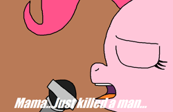 Size: 862x560 | Tagged: safe, artist:logan jones, pinkie pie, earth pony, pony, g4, bohemian rhapsody, brown background, female, freddie mercury, implied cloudy quartz, implied murder, implied svengallop, meme, microphone, queen (band), simple background, singing, solo, song reference, wrong name in the description