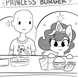 Size: 2250x2250 | Tagged: safe, artist:tjpones, part of a set, oc, oc:brownie bun, oc:richard, earth pony, human, pony, horse wife, bald, burger, chest fluff, female, food, french fries, grayscale, hay burger, hearts and hooves day, herbivore, high res, holiday, jewelry, male, mare, monochrome, necklace, pearl necklace, salad, simple background, softdrink, tiara, valentine's day, white background