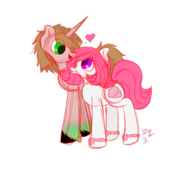 Size: 1920x1920 | Tagged: safe, artist:embroidered equations, oc, oc only, oc:fine arts, oc:rose quartz, earth pony, pony, unicorn, female, holiday, love, male, simple background, sketch, straight, teenager, transparent background, valentine, valentine's day