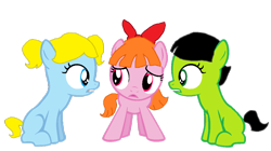 Size: 1024x575 | Tagged: safe, artist:roksia29, earth pony, pony, blossom (powerpuff girls), bow, bubbles (powerpuff girls), buttercup (powerpuff girls), female, filly, ponified, siblings, simple background, sisters, sitting, the powerpuff girls, transparent background, trio, trio female, vector